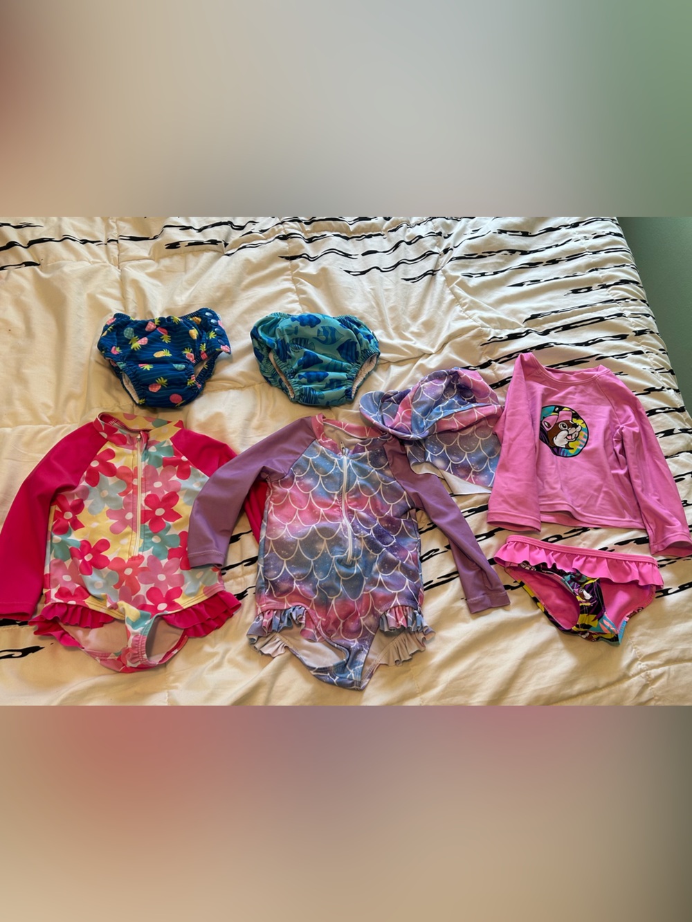Girls' Mermaid Print Long Sleeve Swimsuit & Swim Set - Pink & Purple